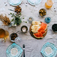 directly above shot of fresh fruits and drinks arranged on table - garden decoration stock pictures, royalty-free photos & images