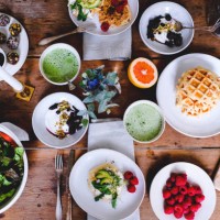 directly above shot of various food on wooden table - food stock pictures, royalty-free photos & images