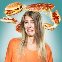 disgusted young woman with flying fast food around her head, composite - junk food stock pictures, royalty-free photos & images