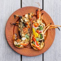 dish with stuffed grilled lobsters, overhead view, caribbean - food stock pictures, royalty-free photos & images