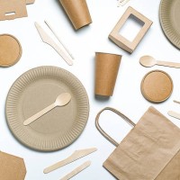 disposable tableware made of bamboo wood and paper on a white background. the photo is covered in graininess and noise. - junk food stock pictures, royalty-free photos & images