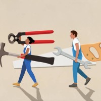 diy couple carrying large tools on beige background - home decoration stock illustrations