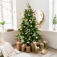 domestic living room decorated with christmas fir tree and holiday decor - home decoration stock pictures, royalty-free photos & images