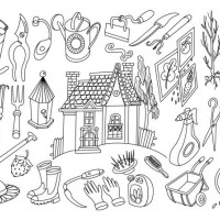 doodle of gardening tools and house - garden decoration stock illustrations