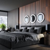 dormitorio moderno de estilo hotel de lujo con materiales oscuros y paneles de madera y suelo de piedra oscura - home decoration fotografías e imágenes de stock