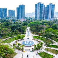 drone view of beautiful park in tin shui wai - garden decoration stock pictures, royalty-free photos & images