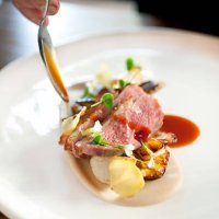 duck breast being drizzled with sauce - food stock pictures, royalty-free photos & images