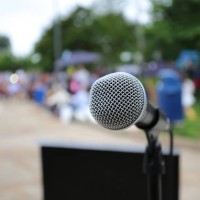 dynamic microphone on stand outdoors. - concert stock pictures, royalty-free photos & images