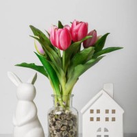 easter greeting card. easter eggs, house, colorful tulips and copy space - home decoration stock pictures, royalty-free photos & images