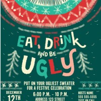 eat, drink and be ugly festive holiday ugly sweater party invitation design template - fashion stock illustrations