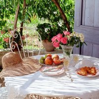 eating in the garden under a peach tree - garden decoration stock pictures, royalty-free photos & images