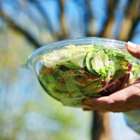 eating mixed salad bowl packed in a plastic box outside - junk food stock pictures, royalty-free photos & images