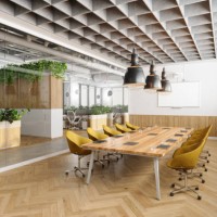 eco-friendly open plan modern office interior with meeting room. wooden meeting table, yellow chairs, plants and parquet floor - home decoration stock pictures, royalty-free photos & images