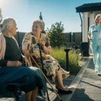 elderly senior woman on wheelchair with a nurse outdoor in nursing hospital garden - garden decoration photos et images de collection