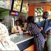 Elections, Illustration in Accra, Ghana in October, 2000 - OSU area, Cantonments street, the trendy street of Accra, Fast-food 'Steers', a South...