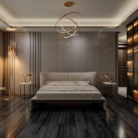 elegant bedroom interior with double bed, night tables, armchair and seaview through window - home decoration stockfoto's en -beelden