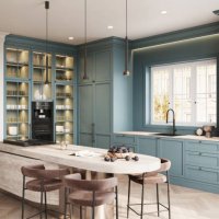 elegant kitchen interior with high chairs at the kitchen counter in 3d render - home decoration stock pictures, royalty-free photos & images