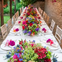elevated view of long table at wedding reception - garden decoration stock pictures, royalty-free photos & images
