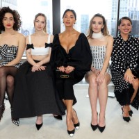 Emmy Rossum, Dove Cameron, Nicole Scherzinger, Chloe Fineman, guest and Madelaine Petsch attend the Carolina Herrera show during the February 2025...