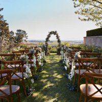 empty chairs decorated with flowers - garden decoration stock pictures, royalty-free photos & images