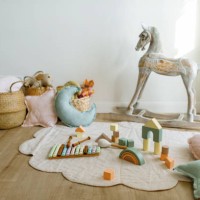empty children's playroom full of natural wood toys. - home decoration stock pictures, royalty-free photos & images
