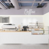 empty coffee shop interior with coffee maker, pastries, desserts and menu on the wall - junk food stock pictures, royalty-free photos & images