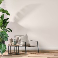 empty cozy retro interior with a chair and potted plants, 70 - 80s decoration - home decoration stock pictures, royalty-free photos & images