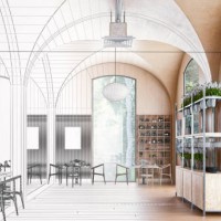 empty large retro restaurant bar with tables and bar stools half blueprint half 3d rendered image - home decoration stock pictures, royalty-free photos & images