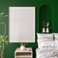 empty mockup picture frame on cozy bedroom's green wall - home decoration stock pictures, royalty-free photos & images