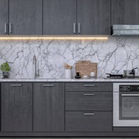 empty modern gray kitchen with windows on a side - home decoration stock pictures, royalty-free photos & images