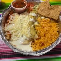 enchiladas with white sauce and rice and beans - junk food stock pictures, royalty-free photos & images