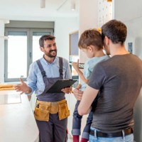 engineer giving advice on kitchen repair - home decoration stock pictures, royalty-free photos & images