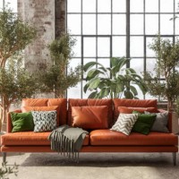 environmentally friendly living room with leather sofa, green plants and brick wall - home decoration stock pictures, royalty-free photos & images
