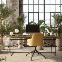 environmentally friendly office space with table, office chair, desktop computer and plants - home decoration stock pictures, royalty-free photos & images