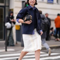 Erika Borldrin wears a blue jacket , a shirt, a polo shirt, a white knee-length skirt , pointed shoes, a leather bag, outside Miu Miu , during the...