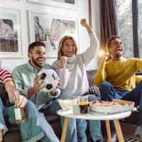 excited sports fans cheering for sport team - junk food stock pictures, royalty-free photos & images