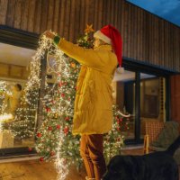 fairy lights on christmas nights - garden decoration stock pictures, royalty-free photos & images