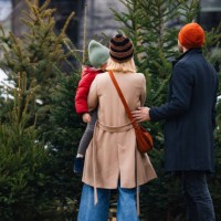 family choosing christmas tree for holiday celebration outdoors - garden decoration stock pictures, royalty-free photos & images