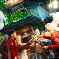 family having a party. - garden decoration stock pictures, royalty-free photos & images