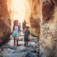 family hiking through rivier in andalusia, spain - travel stock pictures, royalty-free photos & images