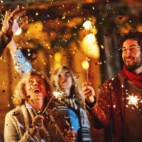family new year's eve party. - garden decoration stock pictures, royalty-free photos & images