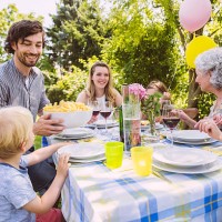 family of three generations at a garden party - garden decoration stock pictures, royalty-free photos & images