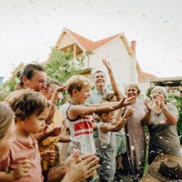 family party in the backyard - garden decoration stock pictures, royalty-free photos & images