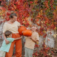 family portrait with pumpkins - garden decoration stock pictures, royalty-free photos & images