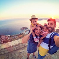 family with two little daughters travel in nature, making selfie, smiling - travel stock pictures, royalty-free photos & images