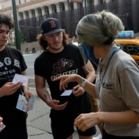 Fans have their COVID-19 vaccination cards checked before entering the Foo Fighters concert at Madison Square Garden on June 20, 2021 in New York...