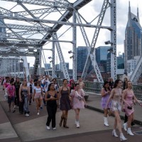 Fans make their way across the People's Bridge to Nissan Stadium ahead of artist Taylor Swift's second night of performance on May 6, 2023 in...