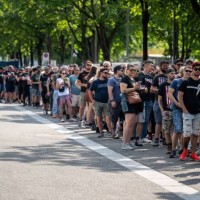 Fans of Rammstein music band queue to attend band's concert at Wankdorf Stadium in Bern on June 17, 2023. Several women have come forward recently to...