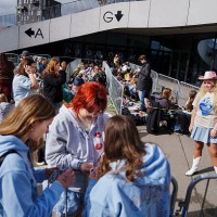 Fans wait in line outside the Royal Arena in Copenhagen before tonight's Sabrina Carpenter concert on March 31, 2025. / Denmark OUT