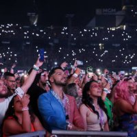 Fans watch a video onstage at the beginning of Karol G's first show of her Mañana Será Bonito tour at Allegiant Stadium on August 10, 2023 in Las...